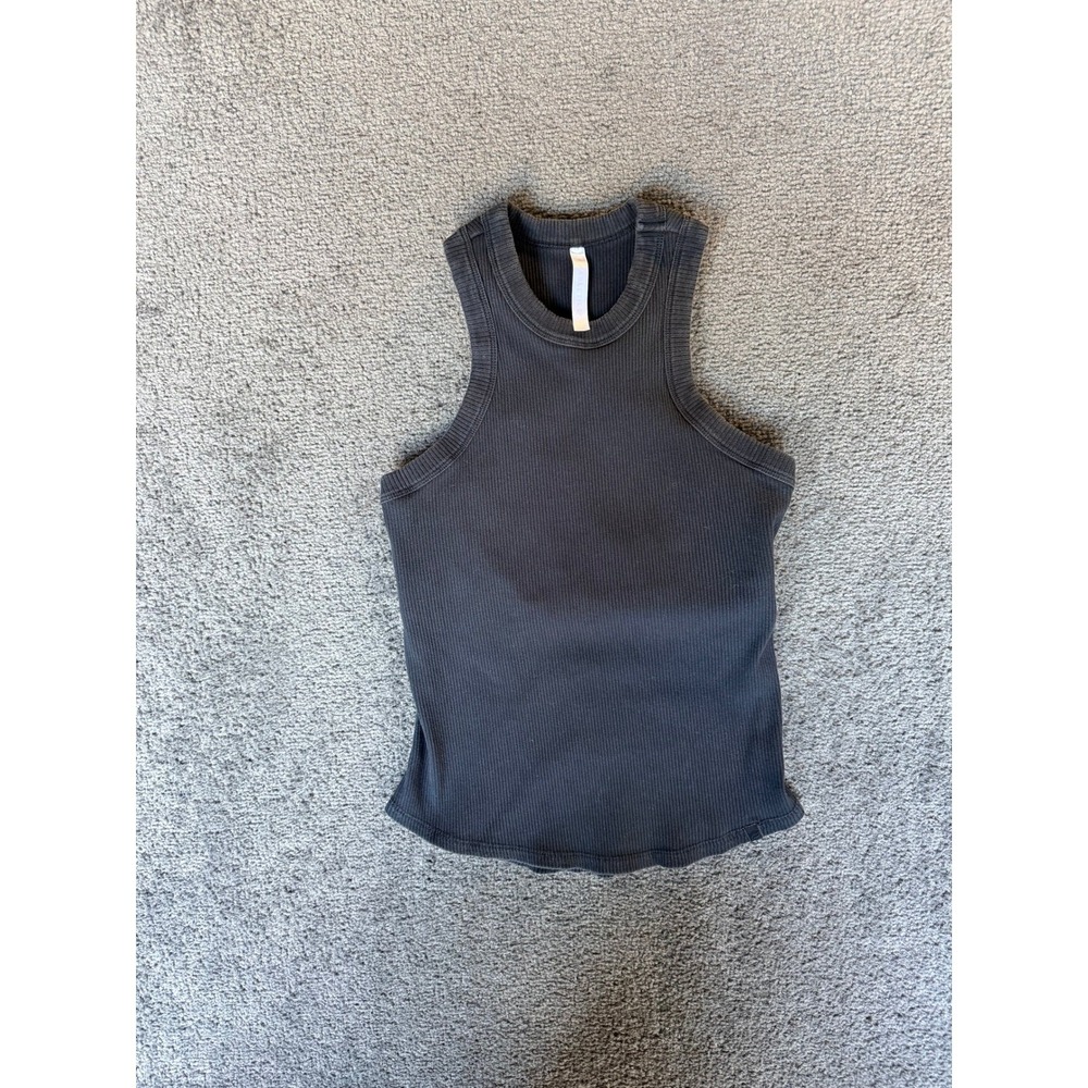 Fabletics Womens Ribbed High Neck Racerback Tank Top Dark Gray Charcoal Size L
